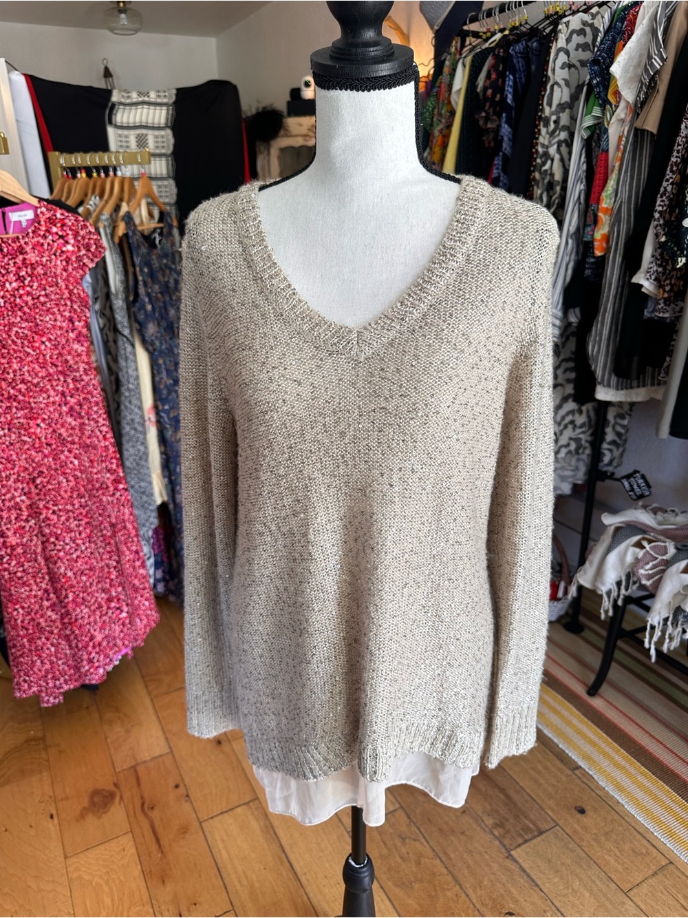 The Limited Sequin Knit Sweater with Chiffon Hem NWT